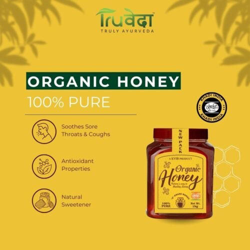 Organic honey benefits graphic featuring a Truveda honey jar, highlighting soothing sore throats, antioxidant properties, and natural sweetening