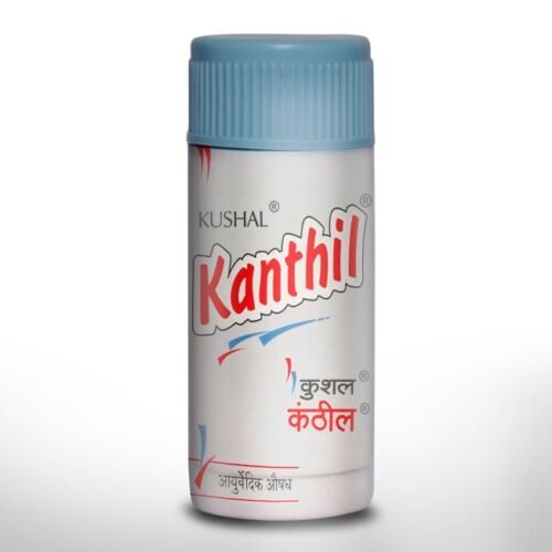 Close-up of a container of Kushal Kanthil Ayurvedic throat powder with a blue cap, featuring the product name in bold red letters and a description in Hindi on the label.