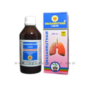 swasamrutham cough syrup 200ml bottle and packaging, an Ayurvedic Siddha medicine for cough relief and respiratory health benefits