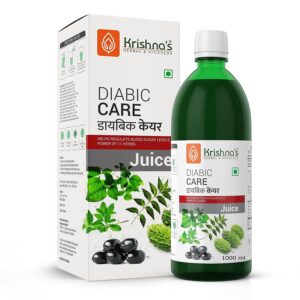 krishna's diabic care juice bottle and packaging, 1000ml herbal supplement made with 11 ayurvedic herbs to help regulate blood sugar levels naturally