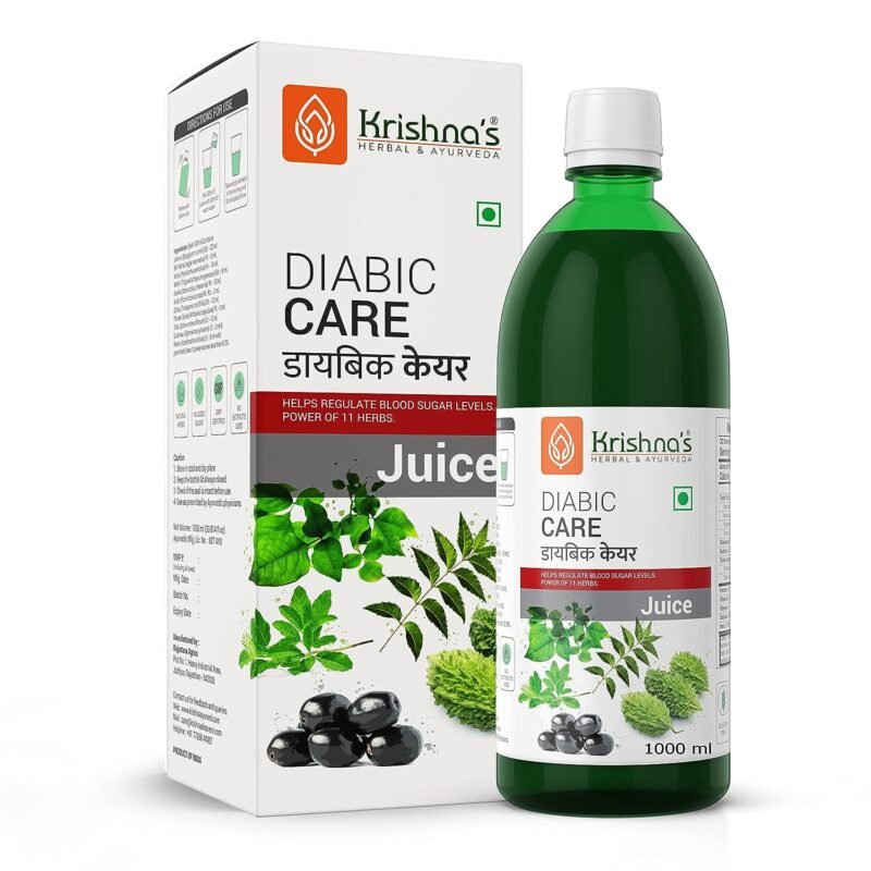 krishna's diabic care juice bottle and packaging, 1000ml herbal supplement made with 11 ayurvedic herbs to help regulate blood sugar levels naturally