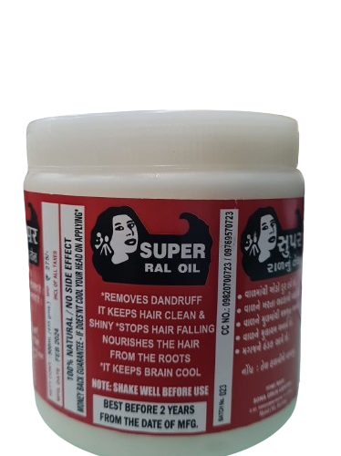 Jar of Super Ral Oil, also known as Ral Nu Tel, promoting clean, shiny hair, dandruff control, and root nourishment