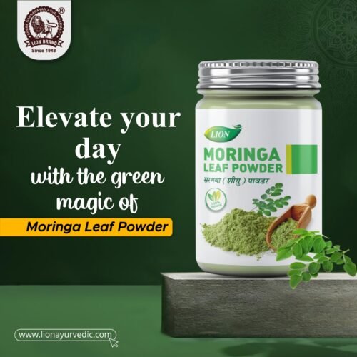 Lion Moringa Leaf Powder jar with fresh moringa leaves and green powder – 100% natural and organic moringa powder for daily health. Check moringa powder price, buy moringa powder online, and get the highest quality moringa leaf powder in India.