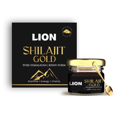 Lion Shilajit Gold jar with packaging – premium Himalayan resin form, ideal for stamina, energy, vitality, gym use. Check Shilajit gold price, original Shilajit price, and buy Shilajit online in India.