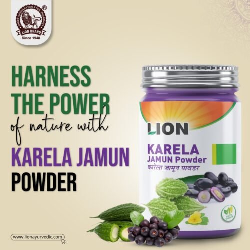 Lion Karela Jamun Powder pack with bitter gourd and kala jamun fruits – natural herbal supplement for health and wellness. Explore Karela and Jamun powder benefits and Karela powder price online.