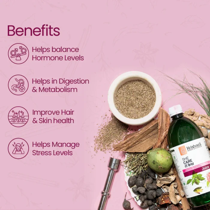 She cares syrup – best juice for periods, ayurvedic tonic for ladies that helps balance hormone levels, supports digestion and metabolism, improves hair and skin health, and helps manage stress. Ayurvedic medicine for increasing metabolism.