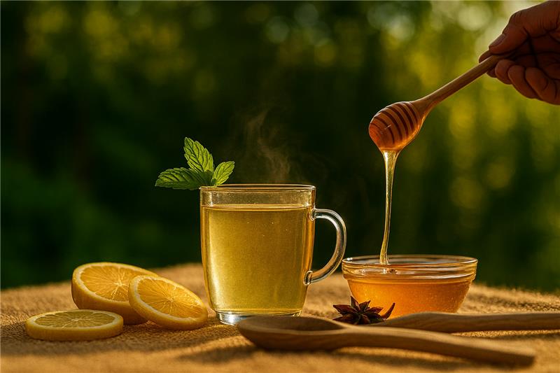 Glass of warm water with honey and lemon on a wooden table, representing Ayurvedic benefits of drinking honey with warm water for digestion, energy, and natural detox.