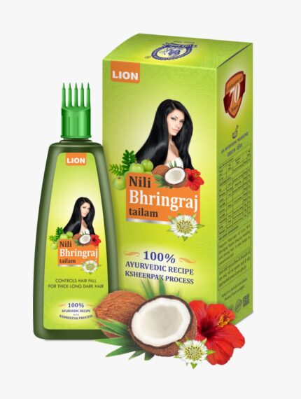 Bottle and packaging of Nili Bhringraj Taila Ayurvedic hair oil featuring key herbs like Bhringraj, Nili (Indigo), Amla, and coconut, designed to promote hair growth, reduce hair fall, and prevent premature greying