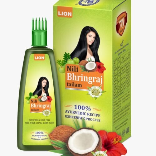 Bottle and packaging of Nili Bhringraj Taila Ayurvedic hair oil featuring key herbs like Bhringraj, Nili (Indigo), Amla, and coconut, designed to promote hair growth, reduce hair fall, and prevent premature greying